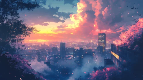 Neon cityscape sunset beneath luminous storm clouds.