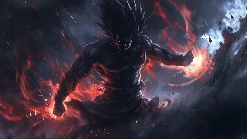 Storm-fed warrior hurls molten light through shattered dusk