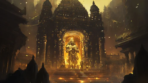 Golden temple guardian glows warmly in a towering ancient hall