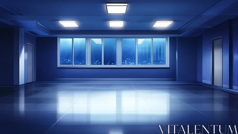 Minimalist blue atrium interior with reflective tiled flooring.