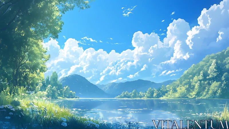 Sunlit lake valley rests beneath vast drifting summer clouds