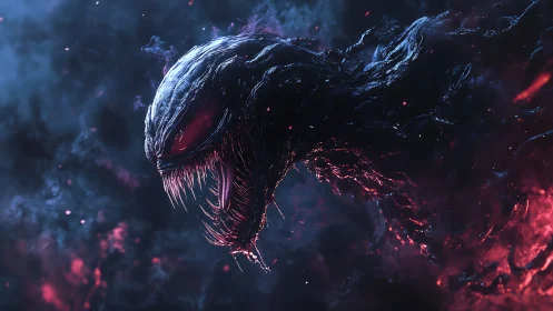 Midnight cosmic creature drifting through burning nebula.