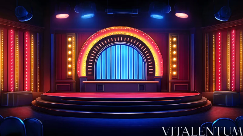 Game show stage glows with colored arch and strip lighting