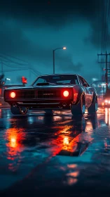 Retro muscle car under neon streetlights on reflective wet asphalt
