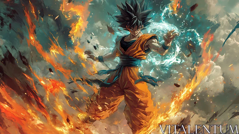 Storm-forged anime warrior commands fire and swirling energy.