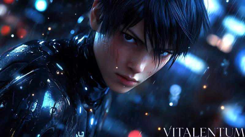 Cyberpunk youth in rain with intense determined stare.