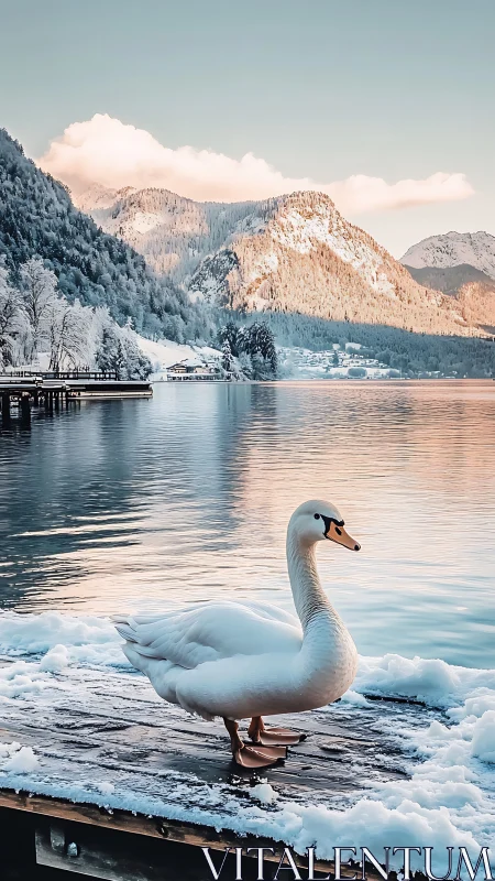 Swan on snowy lakeside pier before pastel alpine mountains.
