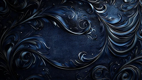 Dark metallic baroque scrollwork over textured navy field.