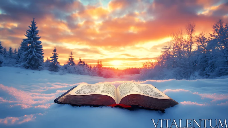 Winter sunrise illuminating open book in snowy landscape.