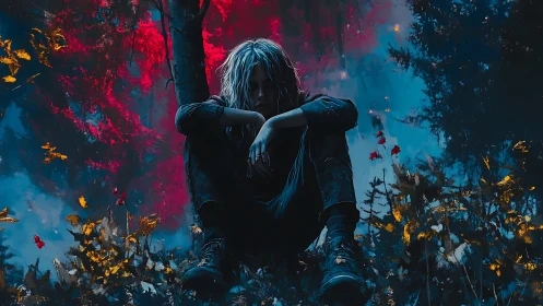 Solitary figure rests beneath neon-tinted forest gloom.