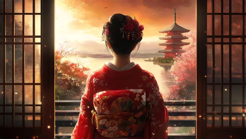 Gentle sunset welcomes a kimono woman at a serene pagoda