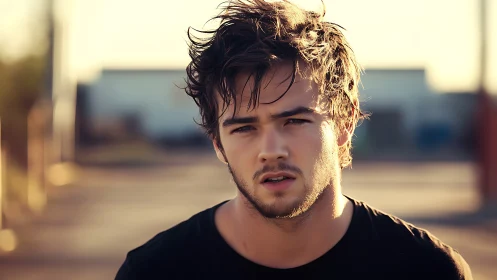 Backlit young man in shallow depth of field urban portrait