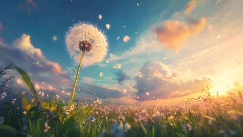 Backlit dandelion seed head anchors a luminous sunset field