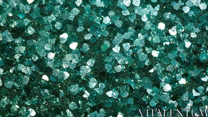 Macro optical field of teal glitter micro-flakes in bokeh dispersion.