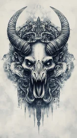 Horned demonic skull illustration with ornate symmetrical detailing