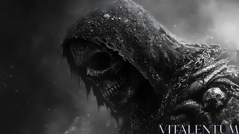 Eroded skeletal reaper in chained hooded carapace profile.