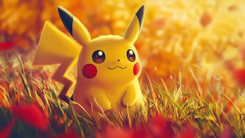 Pikachu rests in a glowing autumn meadow of golden light