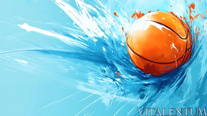 Orange basketball bursts through abstract blue splashes.