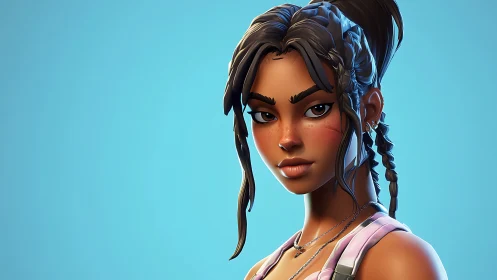 Stylized 3D heroine portrait against clean blue backdrop.