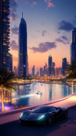Futuristic supercar glides beside neon waterfront skyline at dusk