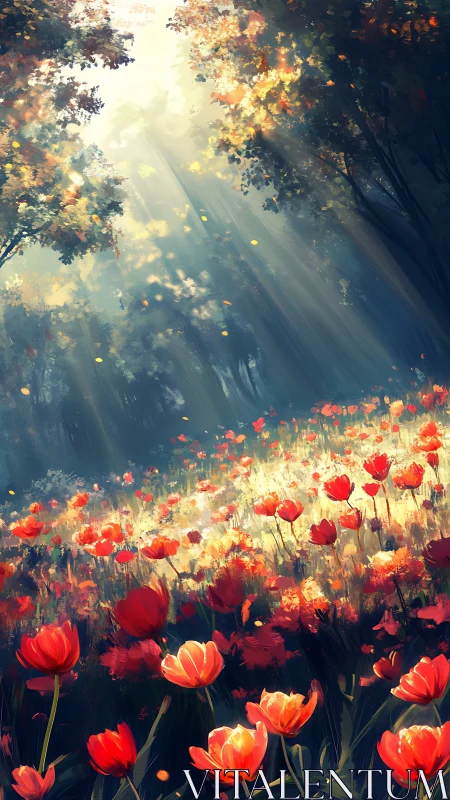 Sunlit forest meadow with red flowers in soft focus.
