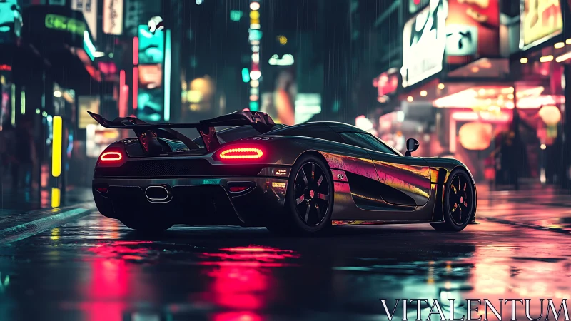 Neon hypercar in cinematic rainy cyberpunk city street scene.