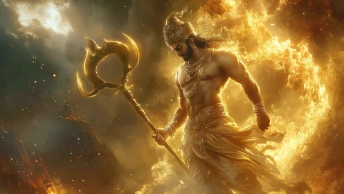 Mythic warrior with trident amid circular fire halo.