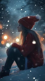 Girl in red winter coat contemplates quietly in falling snow