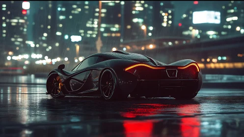 Sleek hypercar under neon rain on reflective city streets.
