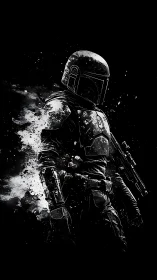 Armored sci‑fi hunter dissolves into monochrome particle field