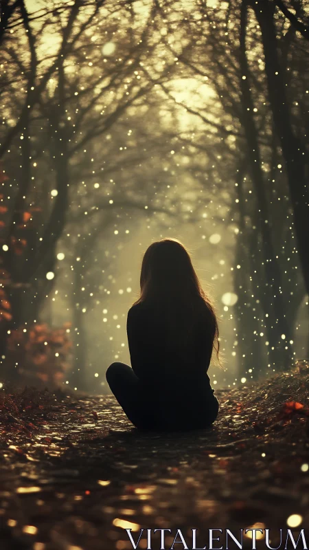 Photorealistic backlit figure in glowing forest corridor.