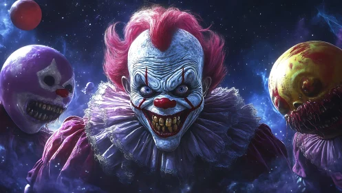Digital painting of demonic space clowns with cosmic lighting.