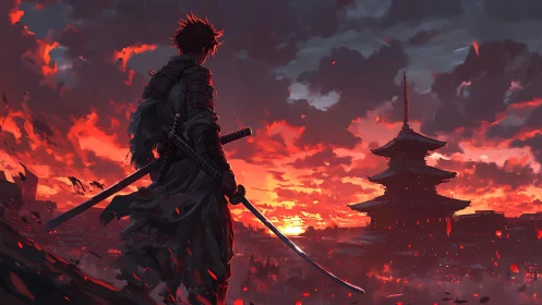 Samurai silhouette observes pagoda against dense red sunset sky