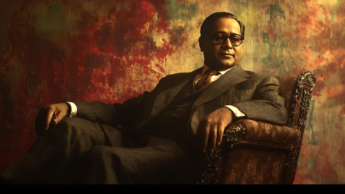 Man in suit seated on ornate chair before abstract backdrop.