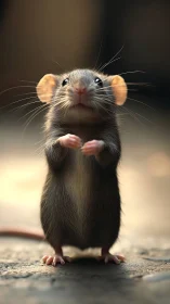Standing brown rat in soft warm light, front view closeup.
