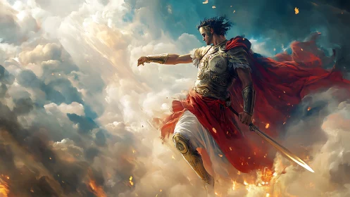 Armored warrior with sword suspended amid dense clouds.