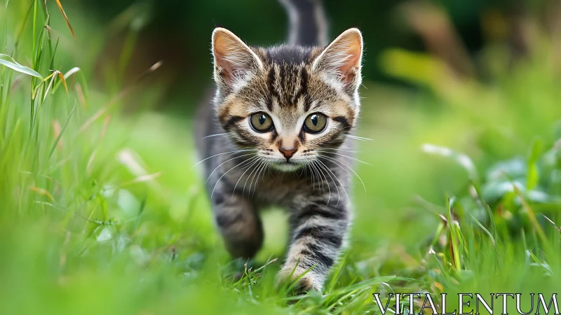 Striped Tabby Kitten Prowling Through Verdant Grass.