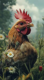 Regal Rooster Poised Among Wildflowers in Misty Meadow