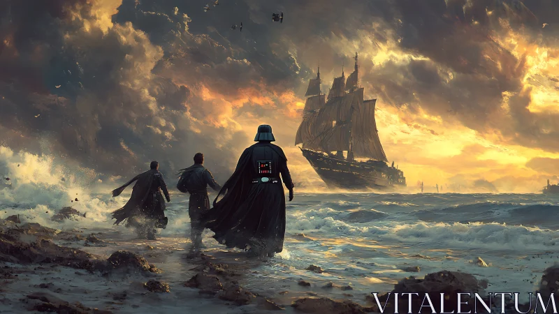 Storm-wrapped Sith strides toward a burning-sky pirate ship