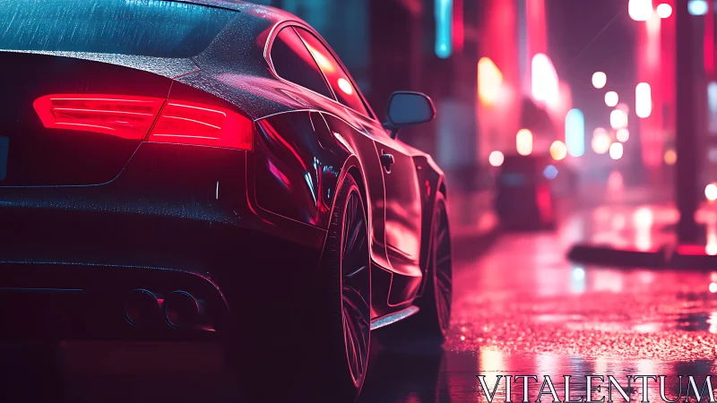 Sport coupe taillights glow over wet neon city street