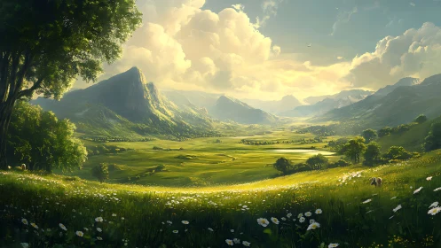 Sunlit meadow valley opening into peaceful distant mountains.