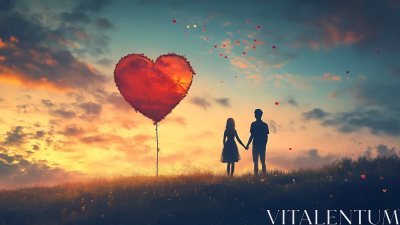 Couple Holding Hands Under Giant Heart Balloon at Sunset