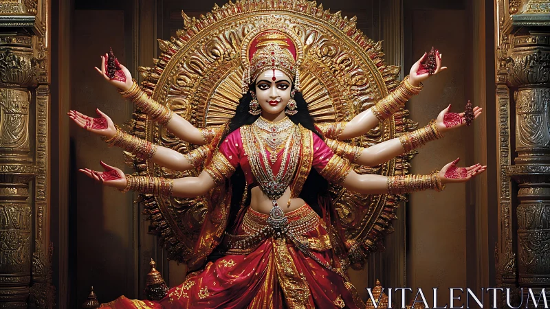 Photorealistic multi-armed goddess before ornate golden mandala.