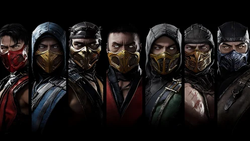 Armored masked warriors aligned in dramatic symmetrical portrait