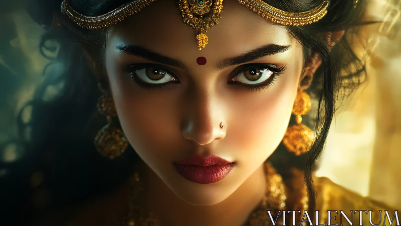 Golden gaze of a regal woman in intricate jeweled finery.