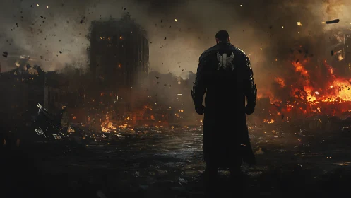 Lone figure stands in burning urban ruins at night