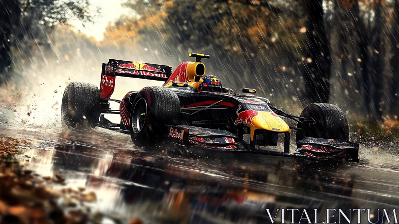 Formula race car drives through wet track under heavy rain