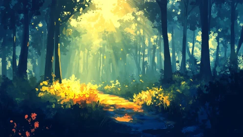 Enchanted Forest Path Bathed in Golden Light