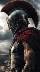 Armored Spartan warrior stands resolute beneath stormy skies