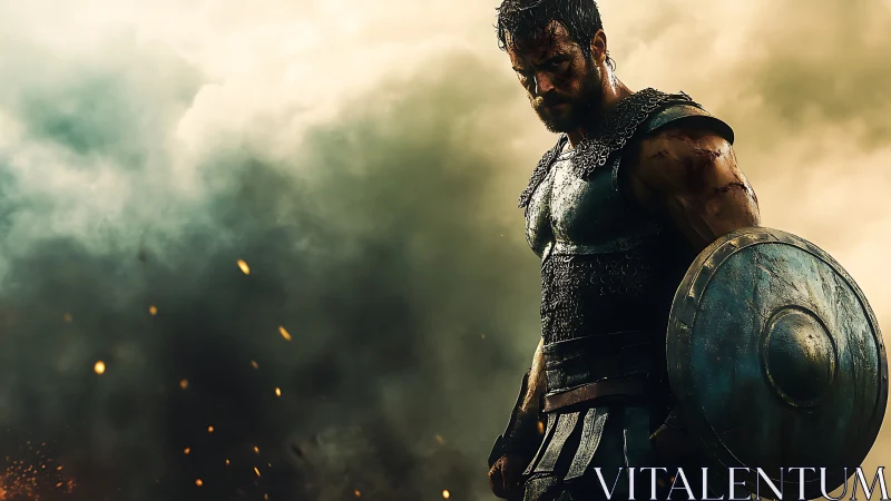 Armored warrior holding shield stands amid dense battle smoke